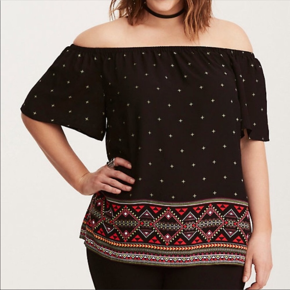 Torrid Black Border Print Challis Off Shoulder Top